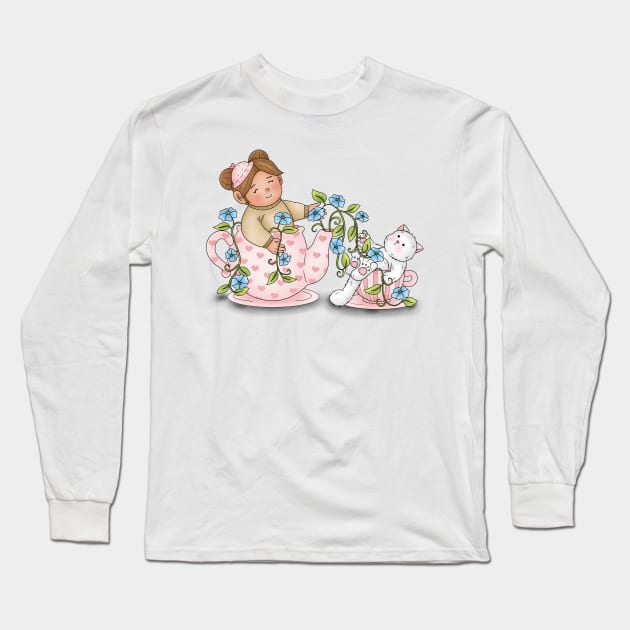 Girl And Cat Inside Tea Cup Long Sleeve T-Shirt by Athikan